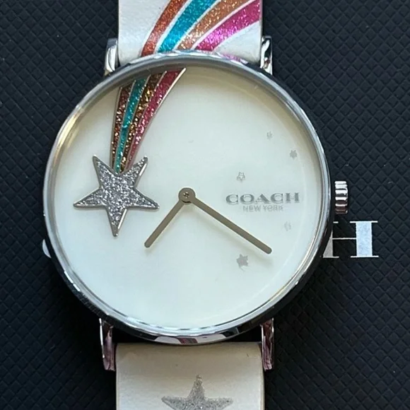 COACH PERRY WATCH WITH 36MM WHITE RAINBOW STARS FACE & WHITE LEATHER BAND - Picture 1 of 5
